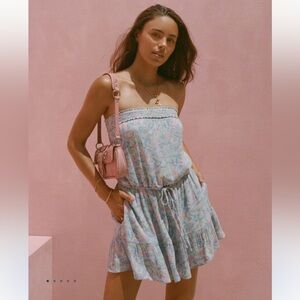 Hollister Strapless Drawstring Blouson Mini Dress Floral Dress Blue Pink Small